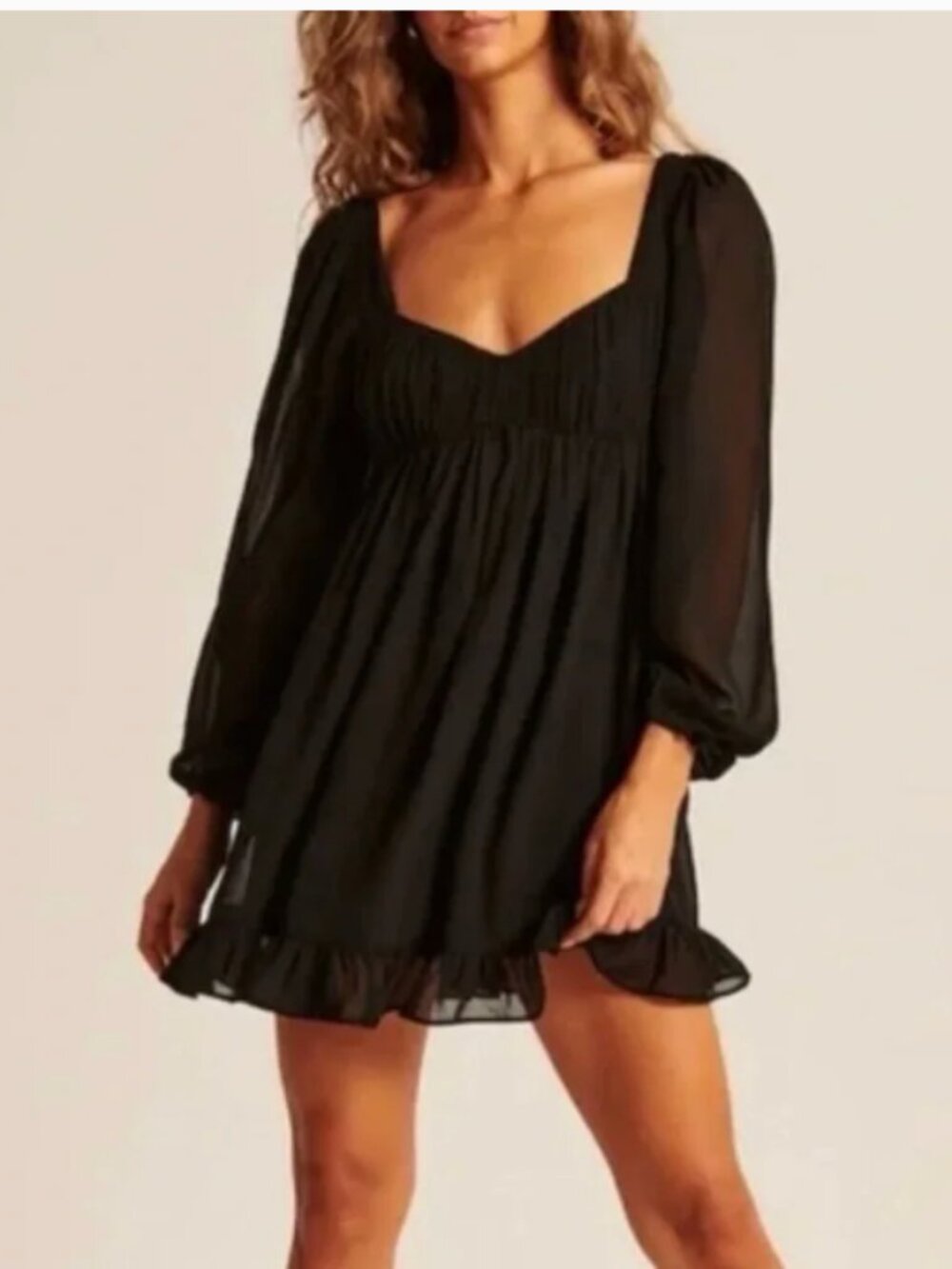 Abercrombie Black Long-Sleeve Ruched Babydoll Mini Dress Size Small NWT